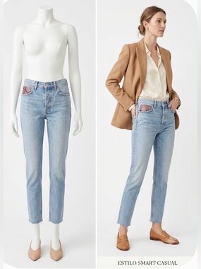 GRLFRND Light Blue High-Rise Jeans with Pink‎ Pocket Detail size 24